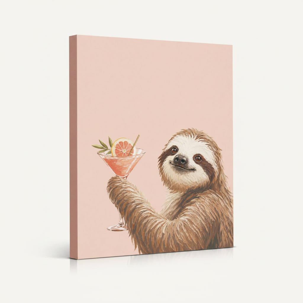 Gallery-wrapped sloth cocktail canvas print on blush background shown as standalone product on white