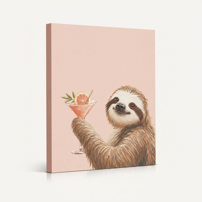 Gallery-wrapped sloth cocktail canvas print on blush background shown as standalone product on white