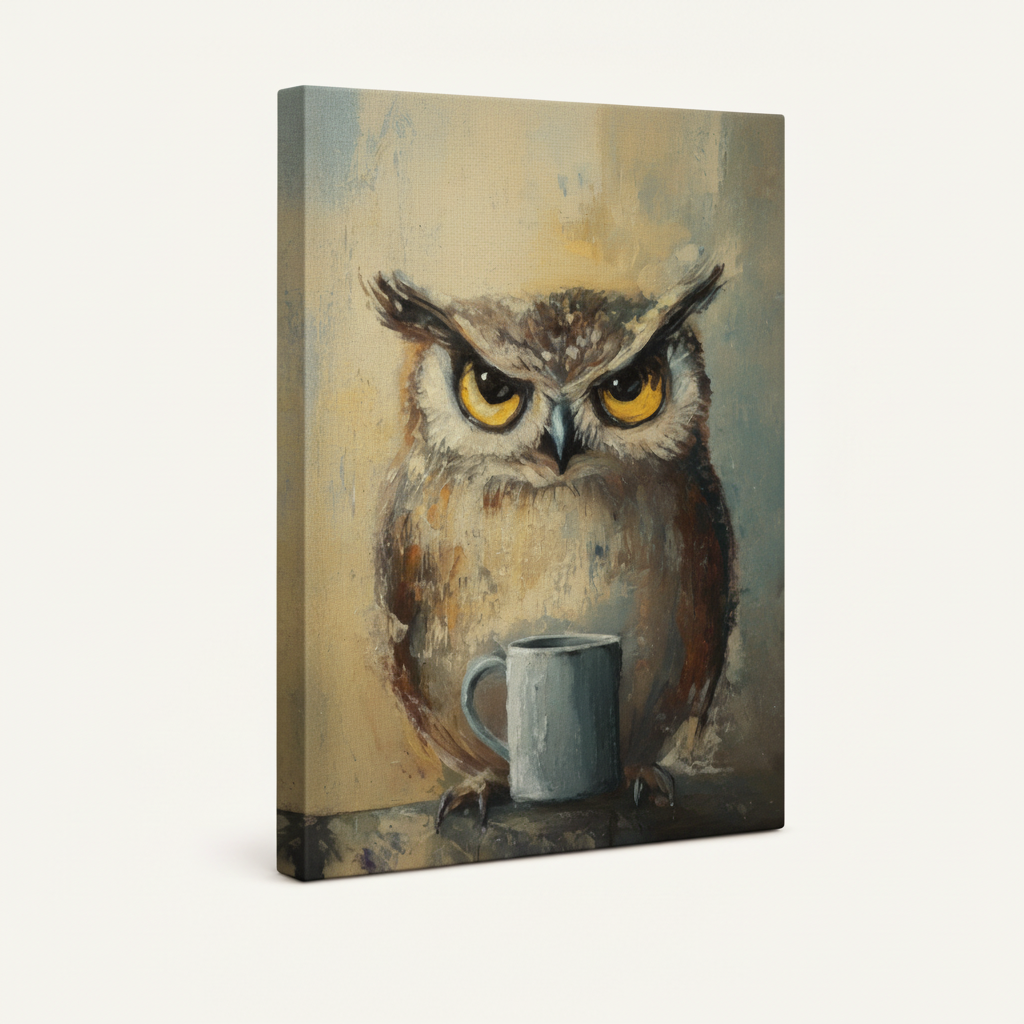 Grumpy owl coffee mug gallery wrap canvas, white background bird oil painting product photo