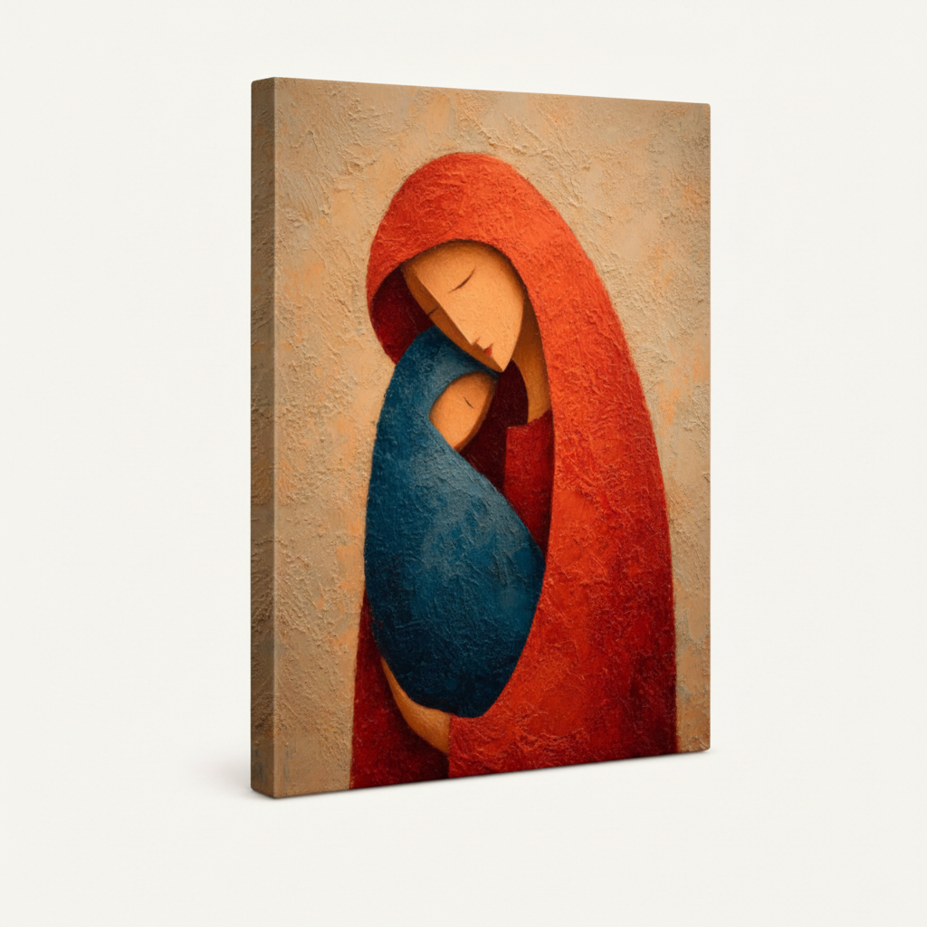 Frameless gallery wrap canvas of minimalist red and blue mother child painting on white background