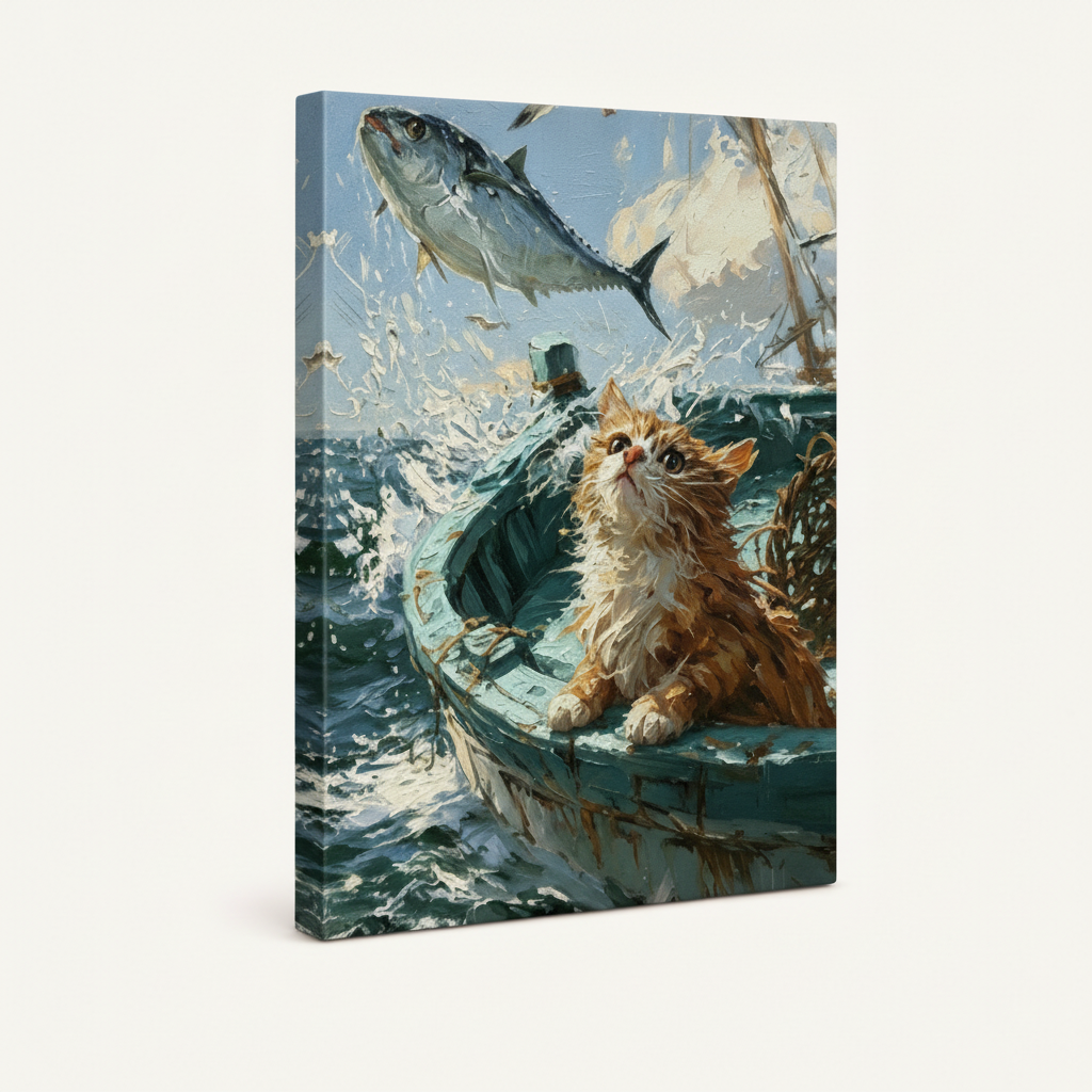 Orange cat in rowboat gallery wrap canvas print, white background product photo, nautical art