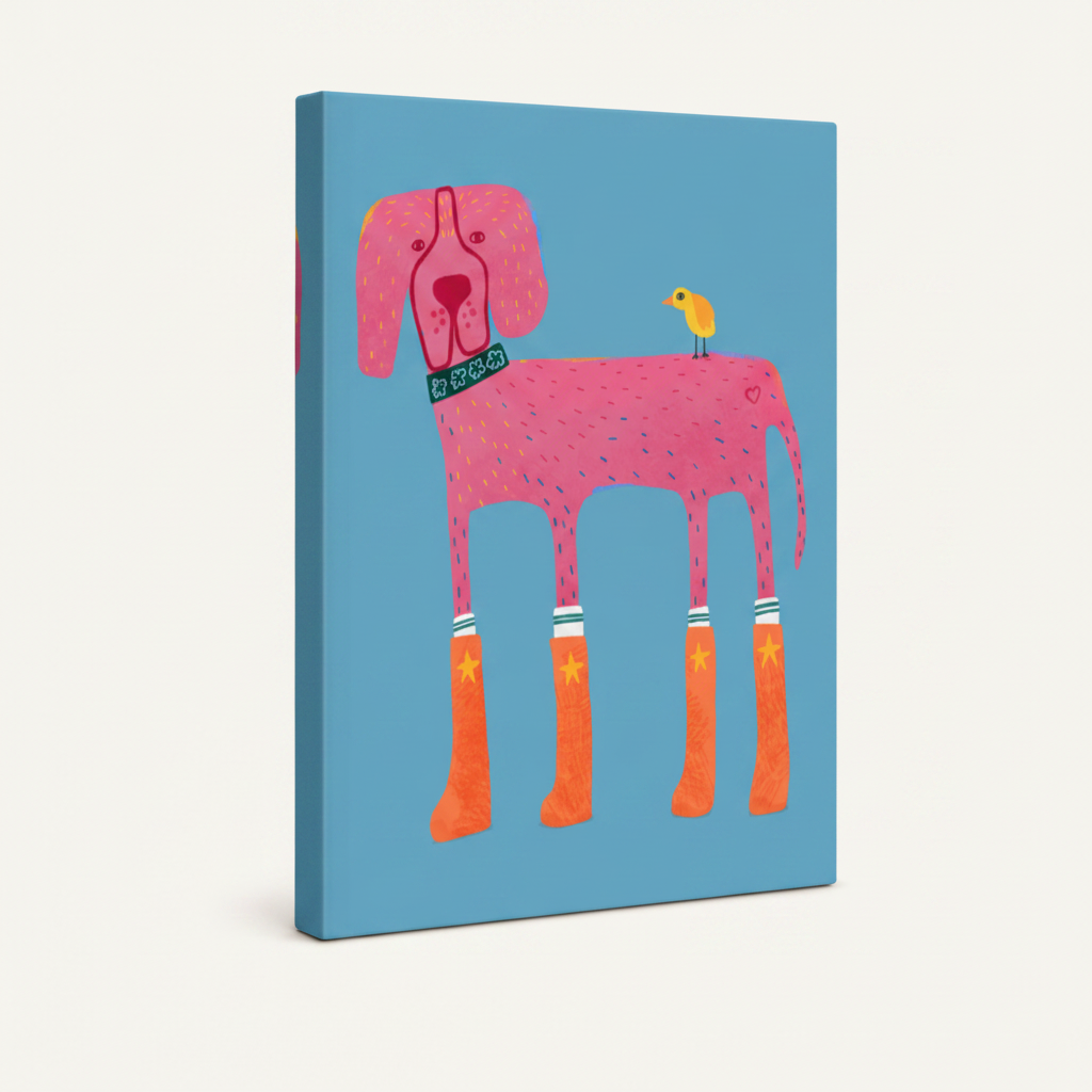 Pink dog folk art gallery wrap canvas print shown on white background with visible side wrap detail