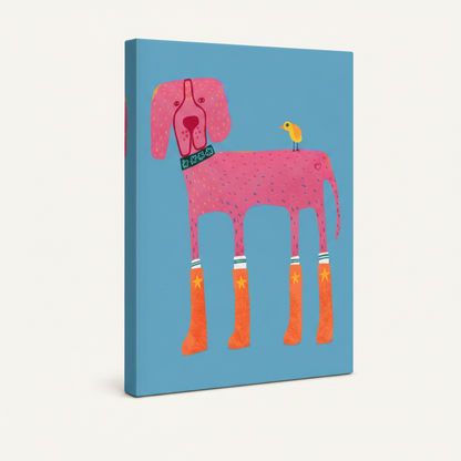 Pink dog folk art gallery wrap canvas print shown on white background with visible side wrap detail