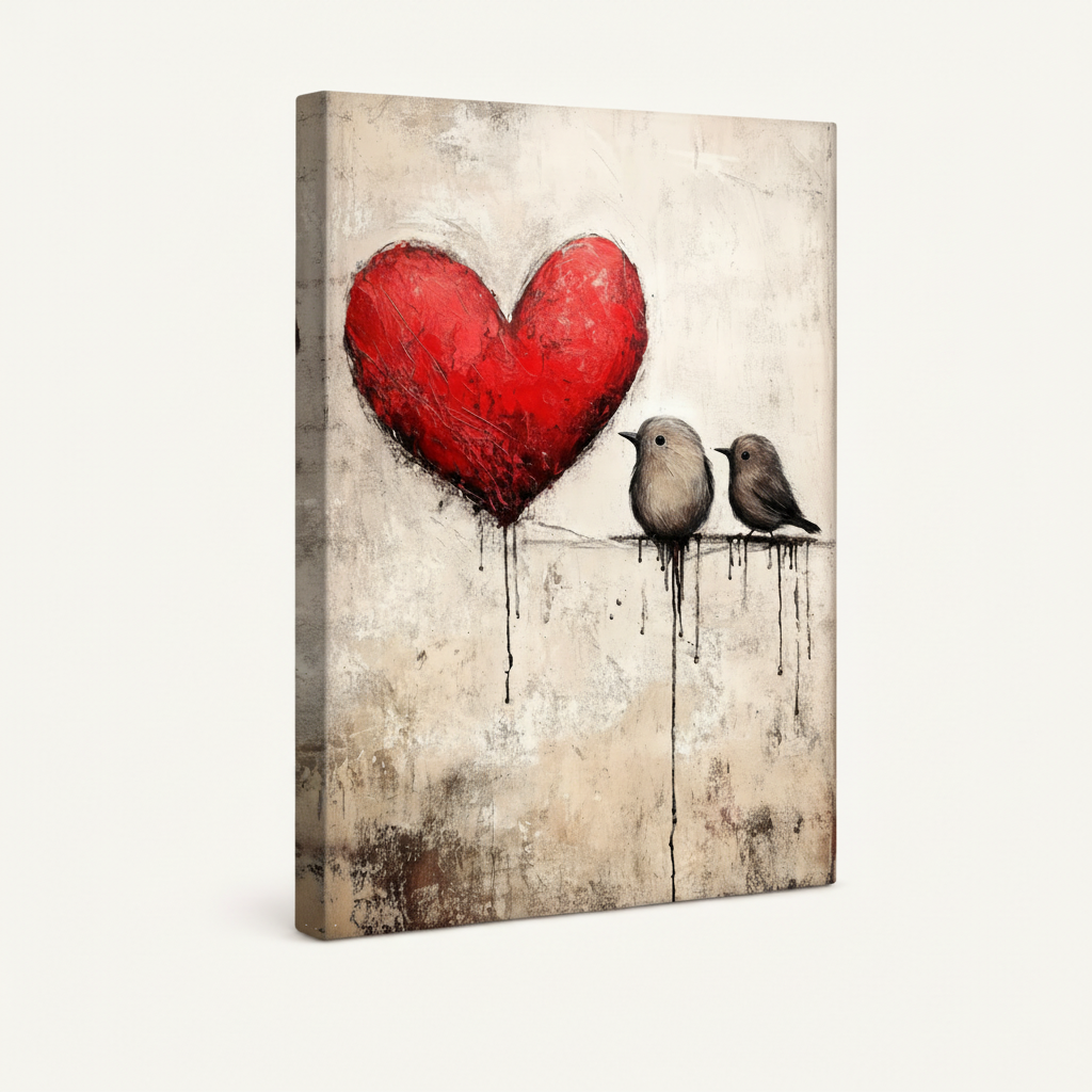 Gallery wrapped canvas love birds heart art side view on white background