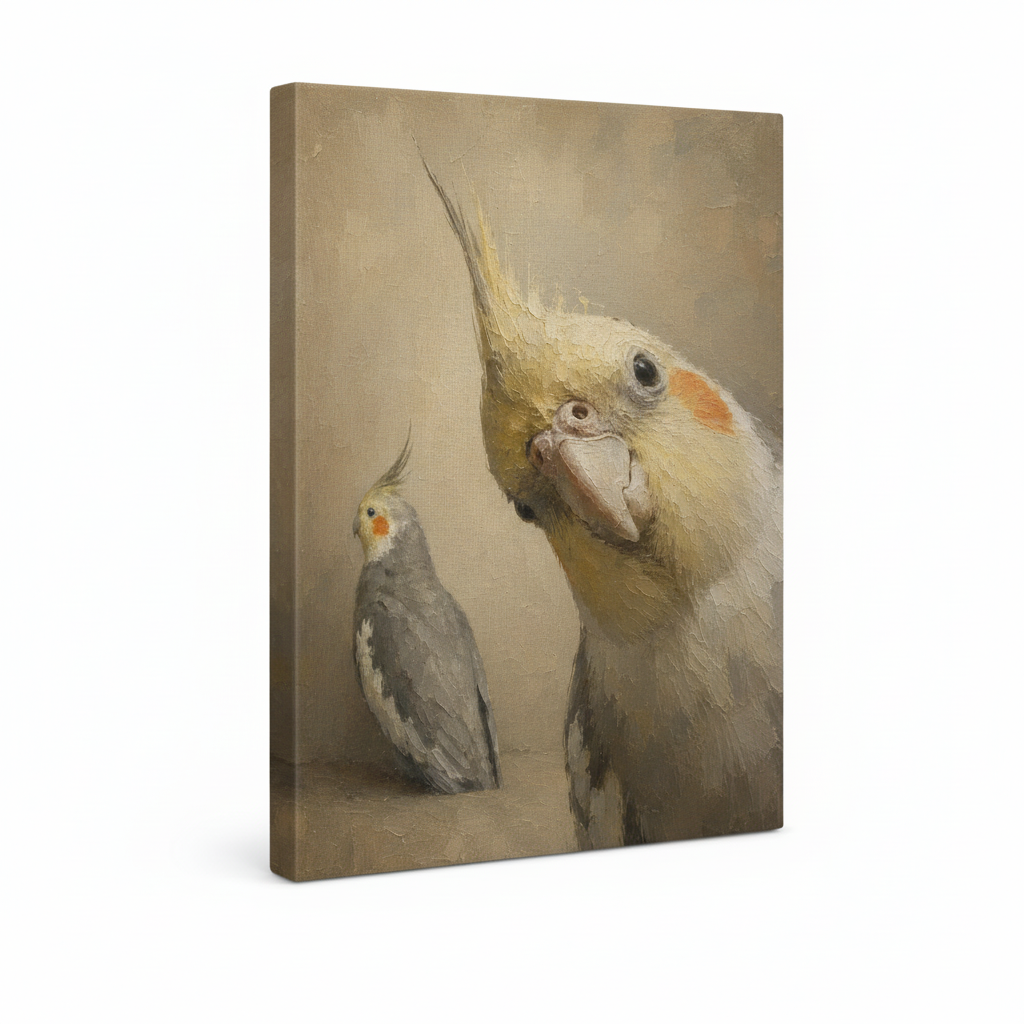 Two cockatiels classical oil painting gallery wrap canvas, white background bird art product photo