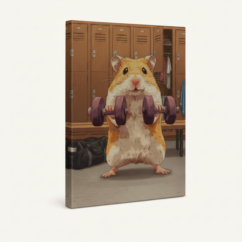 Gallery-wrapped canvas of funny gym hamster illustration with realistic locker room background