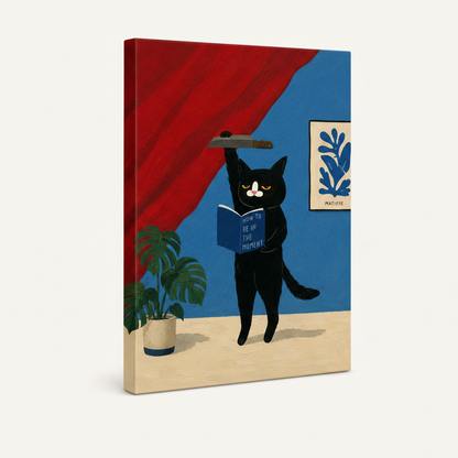 Gallery-wrapped funny cat wall art canvas, angled view showing thick wrapped edges on white background