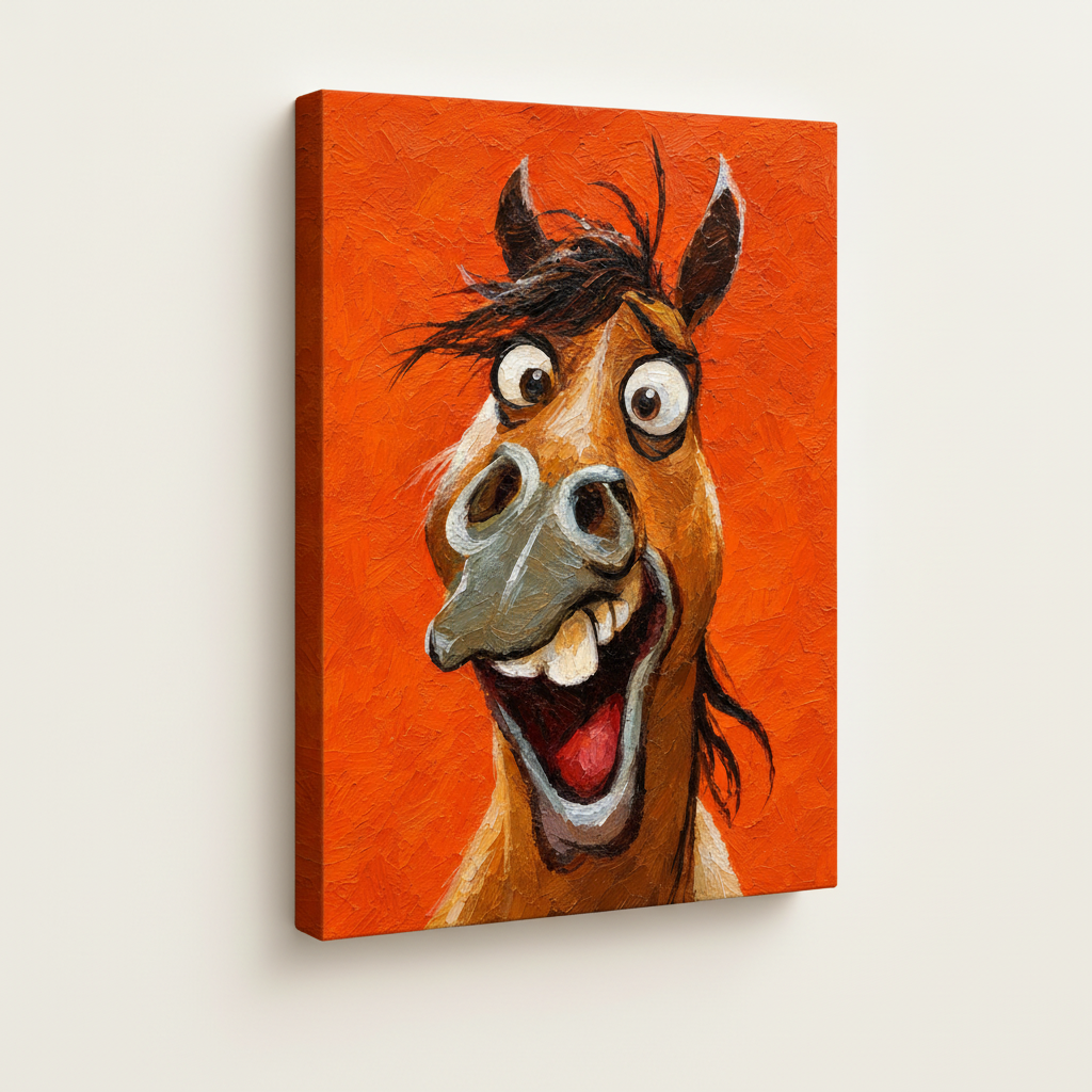 Gallery-wrapped funny horse canvas at 45-degree angle on white background