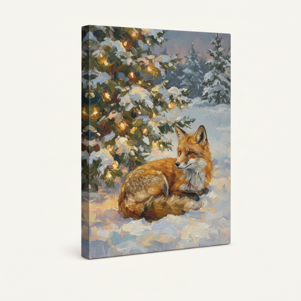 Gallery-wrapped Christmas fox canvas art on white background showing side edges