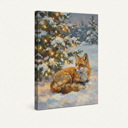 Gallery-wrapped Christmas fox canvas art on white background showing side edges