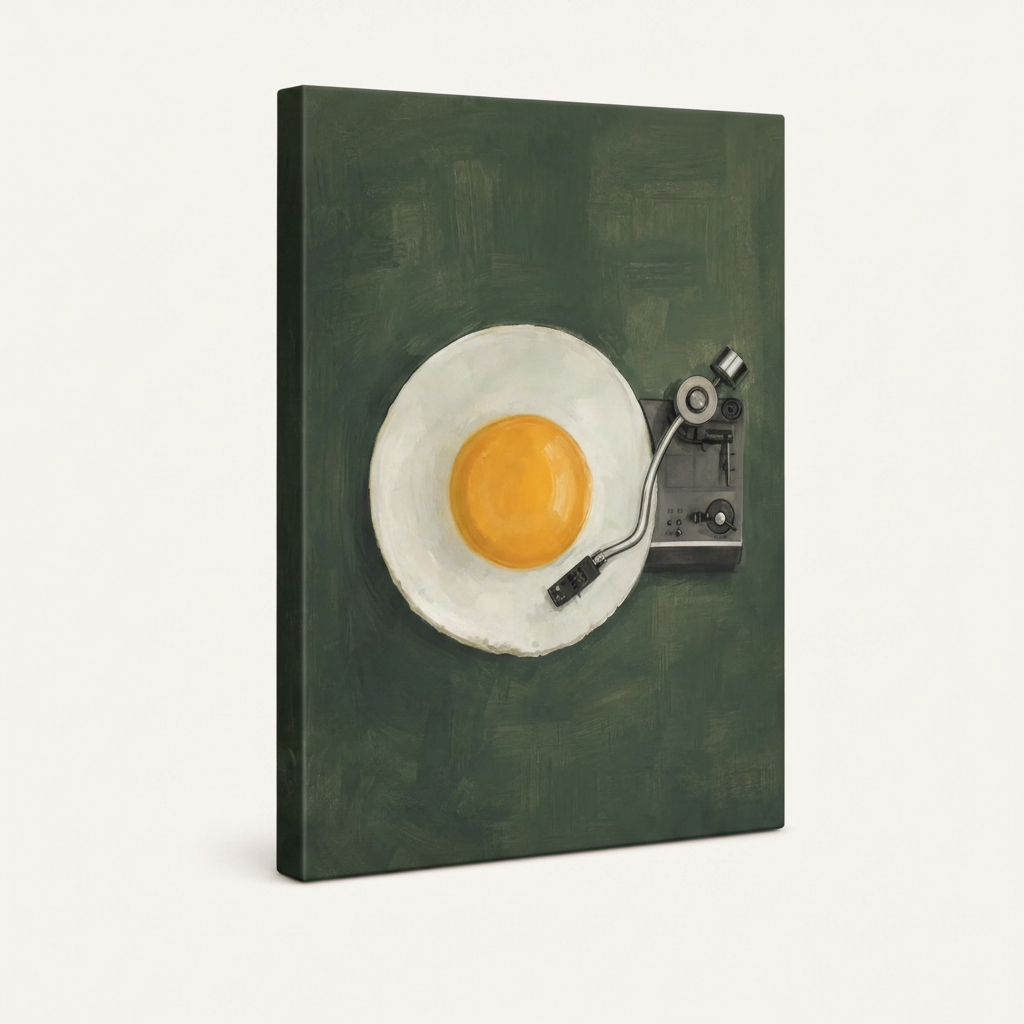 Gallery-wrapped fried egg turntable canvas art on white background, 3/4 angle showing canvas depth