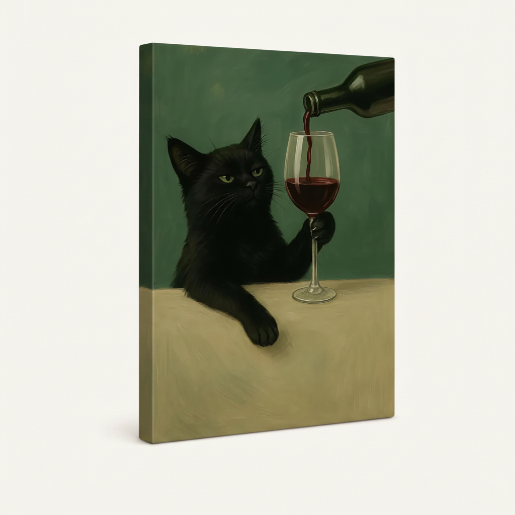 Gallery-wrapped canvas of vintage black cat wine painting, no frame, showing wrapped side edges, 3/4 angle view