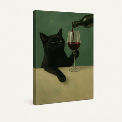 Gallery-wrapped canvas of vintage black cat wine painting, no frame, showing wrapped side edges, 3/4 angle view