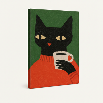 Gallery-wrapped black cat canvas print with flat graphic illustration on off-white background side angle view
