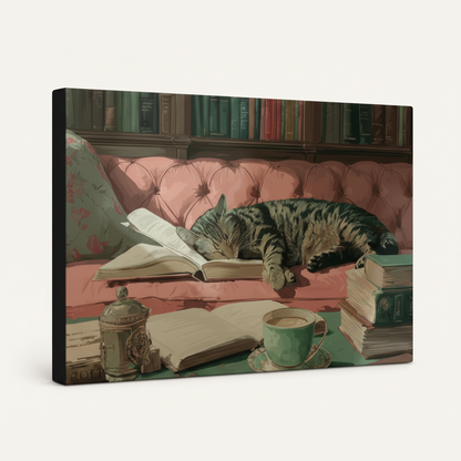 Gallery-wrapped vintage cat reading nook canvas with dark charcoal edges on cream background