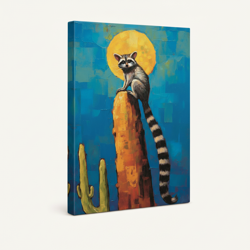 Raccoon on saguaro cactus impasto art gallery wrapped canvas print, left angle view on white background