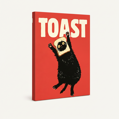 Gallery-wrapped canvas of TOAST black cat pop art, no frame, wrapped side edges visible, 3/4 angle view