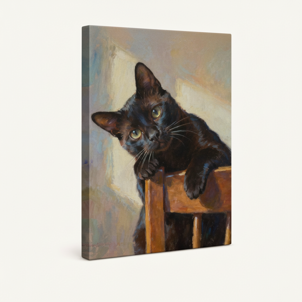 Gallery-wrapped black cat impressionist oil painting canvas, 3/4 angle product shot on white background