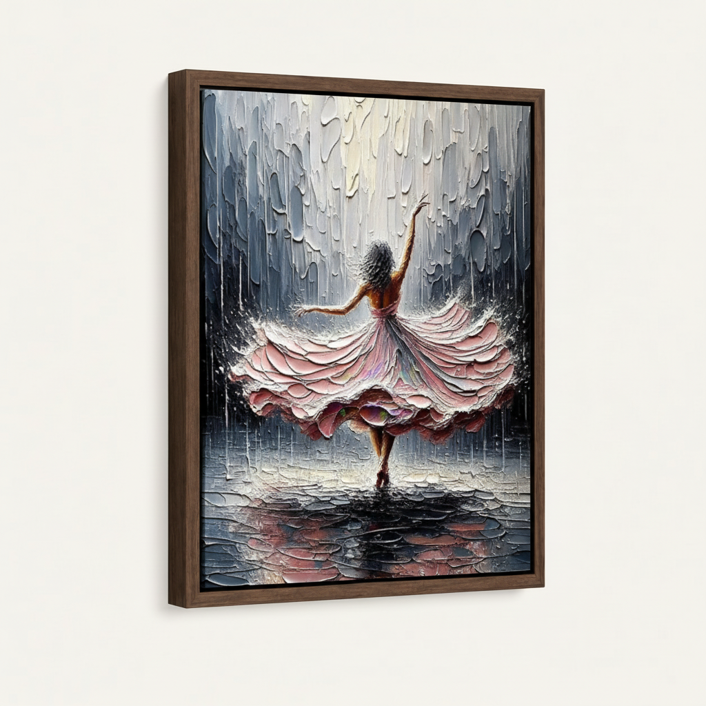 Framed canvas close-up showing thick palette knife texture of dancing figure in pink gown with rain detail
