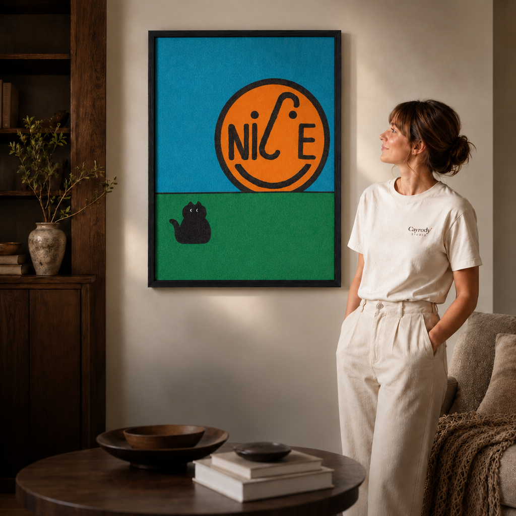 Woman admiring a thin black framed NICE smiley and black cat artwork in a cozy modern living room.