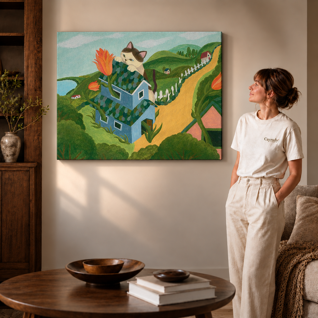 Woman in a cream T-shirt beside the gallery-wrapped cat house canvas with no frame in a warm living room