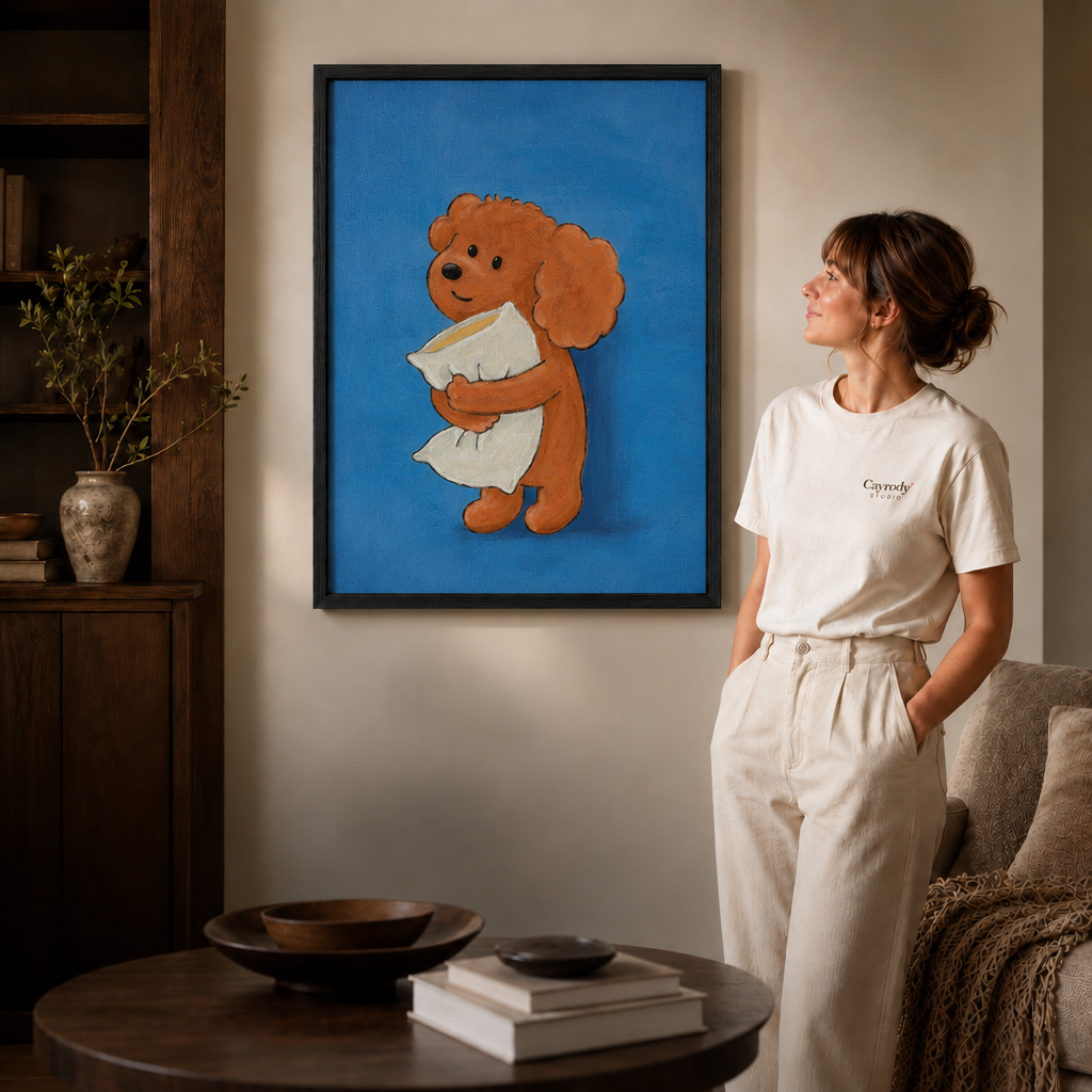 Woman in a cream T-shirt beside a black thin frame of a brown dog hugging a white pillow.