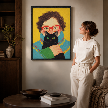 Woman in a cream T-shirt beside a black thin frame of a child in red glasses holding a black cat.