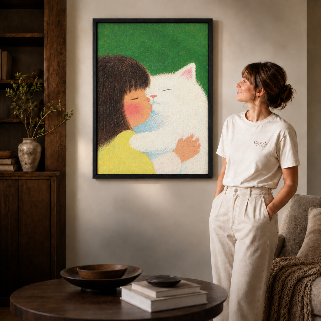 Woman in a cream T-shirt beside a black thin frame of a girl kissing a fluffy white cat.