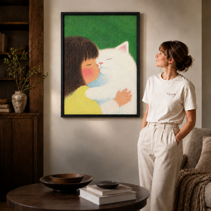 Woman in a cream T-shirt beside a black thin frame of a girl kissing a fluffy white cat.