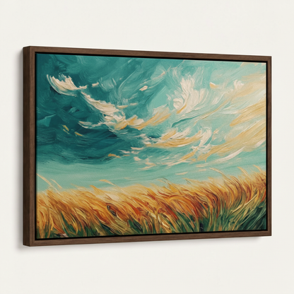Framed canvas art at 45-degree angle showing slim dark walnut float frame with golden wheat painting