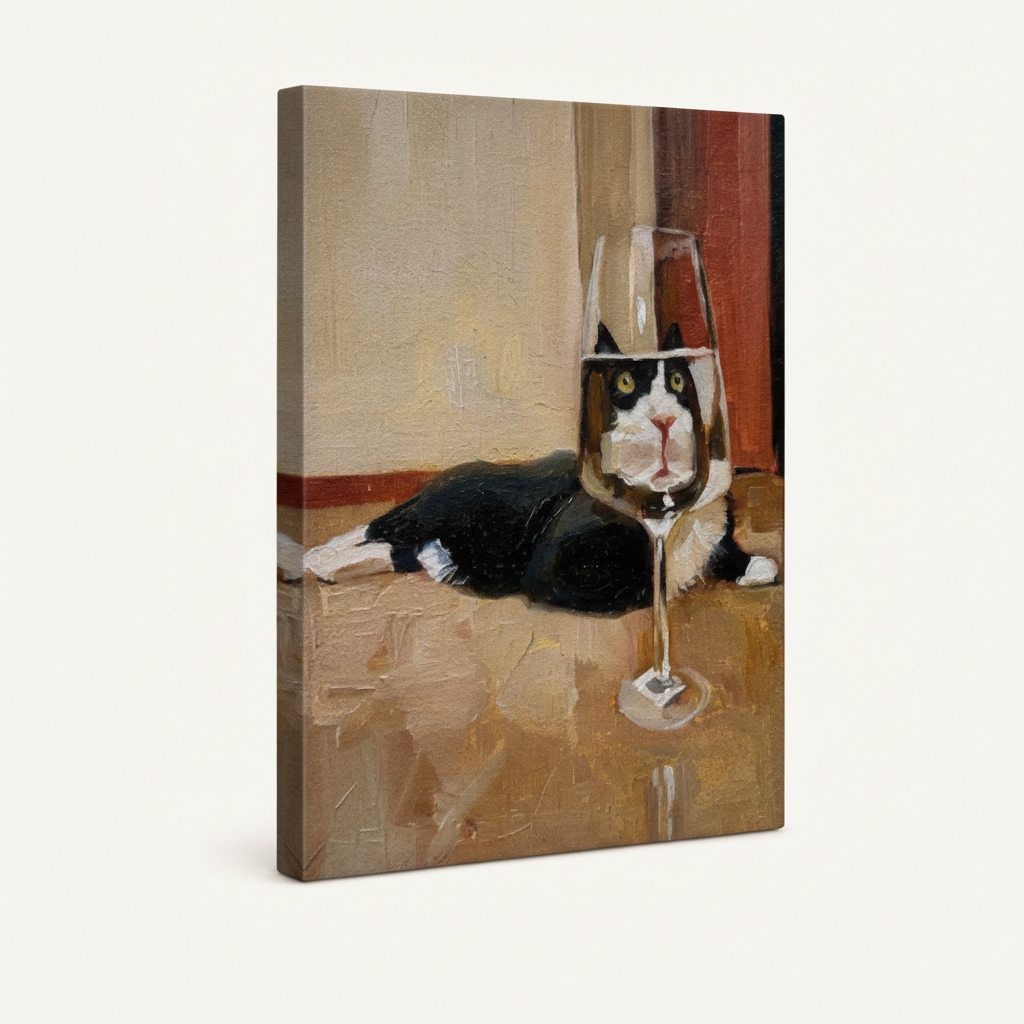Gallery-wrapped tuxedo cat canvas print at 3/4 angle on white background, no frame, side edges visible