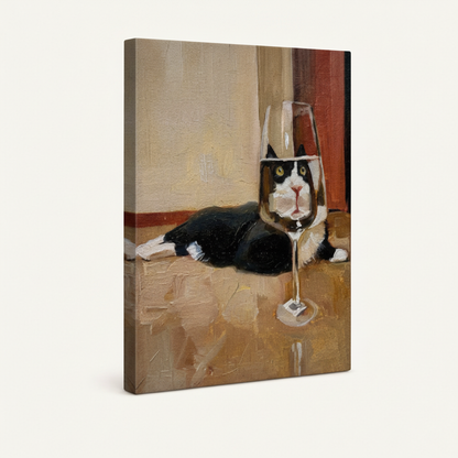 Gallery-wrapped tuxedo cat canvas print at 3/4 angle on white background, no frame, side edges visible