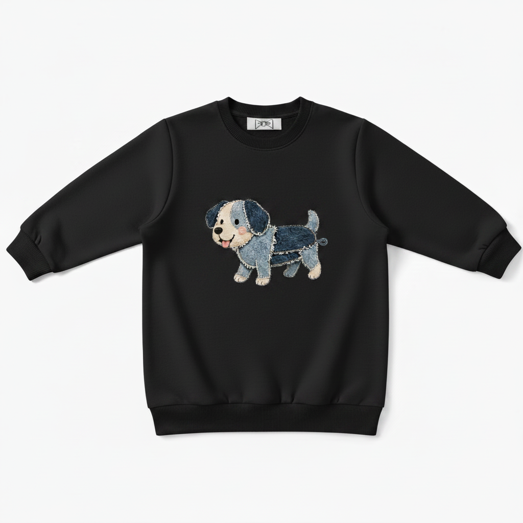 Denim Patchwork Puppy Fabric Art Crewneck C1119