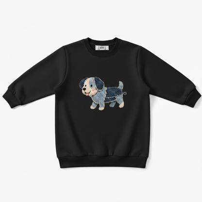 Denim Patchwork Puppy Fabric Art Crewneck C1119