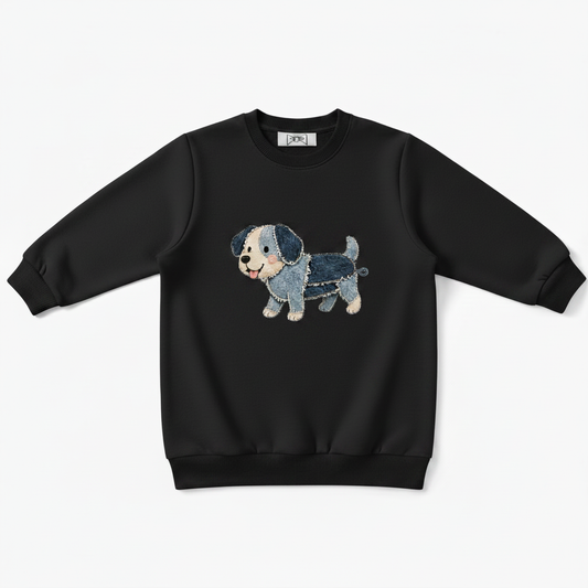 Denim Patchwork Puppy Fabric Art Crewneck C1119