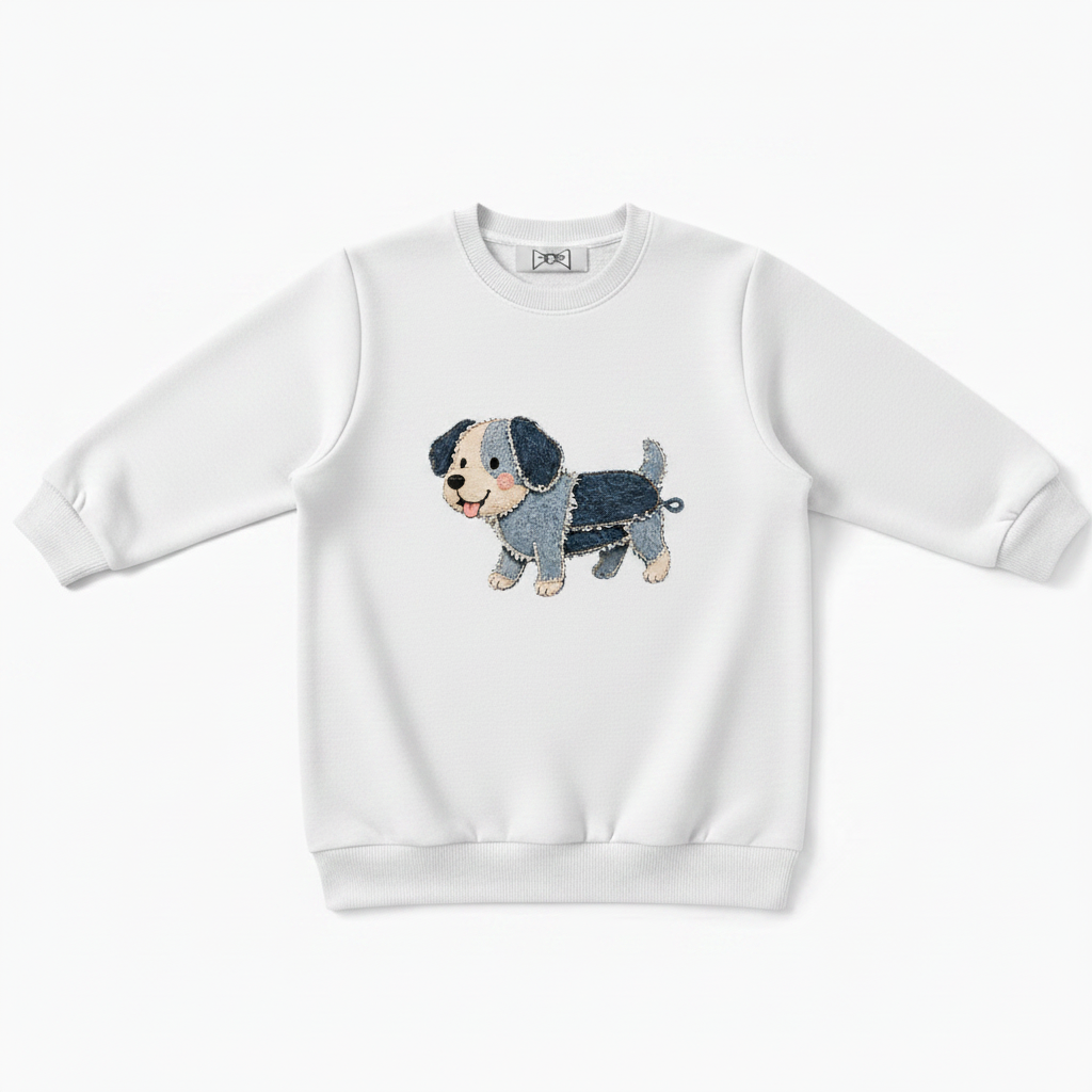 Denim Patchwork Puppy Fabric Art Crewneck C1119