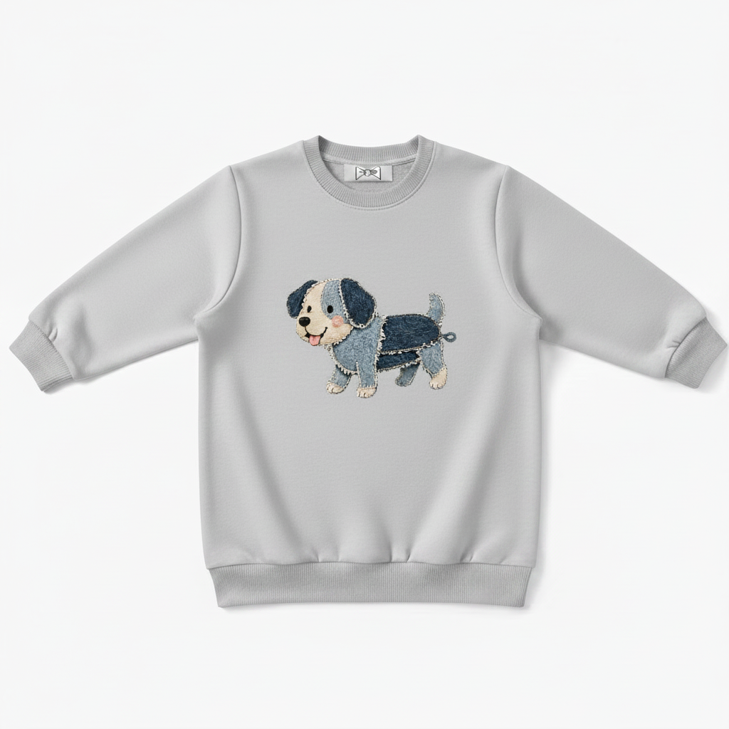 Denim Patchwork Puppy Fabric Art Crewneck C1119