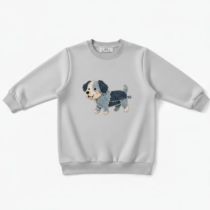 Denim Patchwork Puppy Fabric Art Crewneck C1119