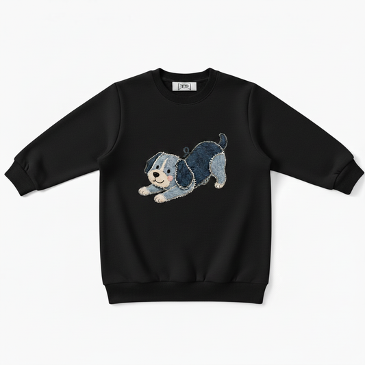 Denim Patchwork Puppy Play Bow Crewneck C1120