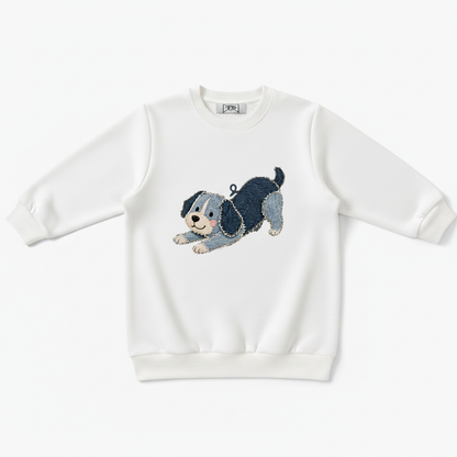 Denim Patchwork Puppy Play Bow Crewneck C1120
