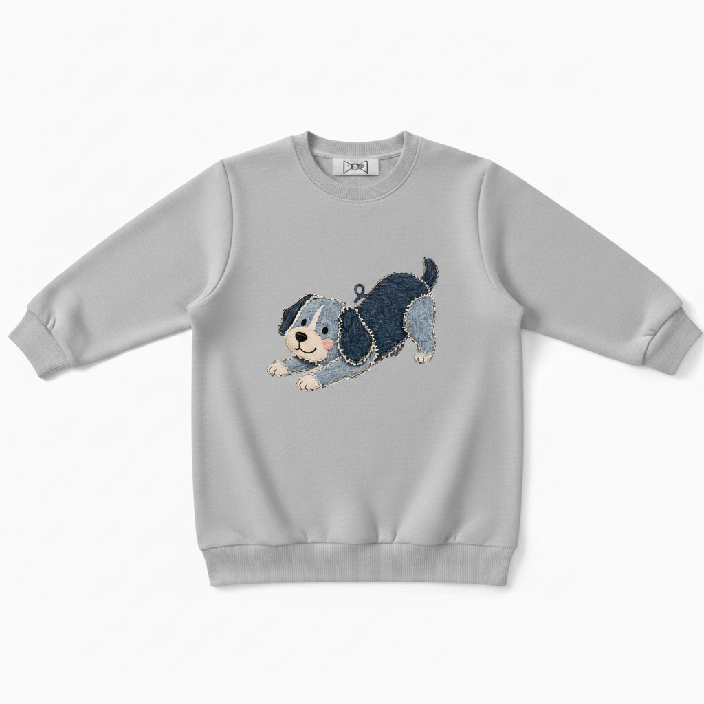 Denim Patchwork Puppy Play Bow Crewneck C1120