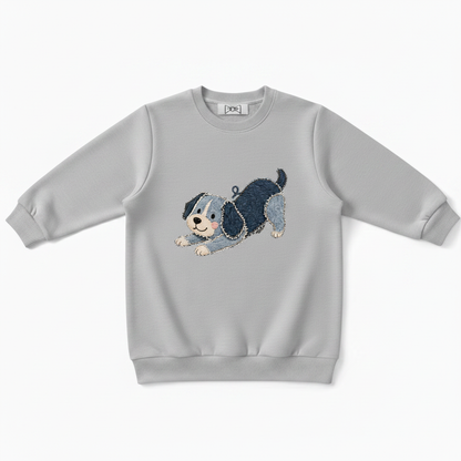 Denim Patchwork Puppy Play Bow Crewneck C1120