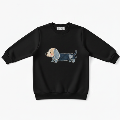 Denim Patchwork Dachshund Heart Tail Crewneck C1121