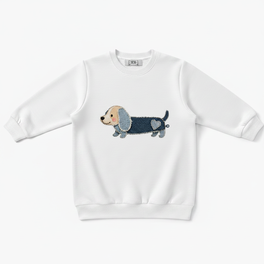 Denim Patchwork Dachshund Heart Tail Crewneck C1121
