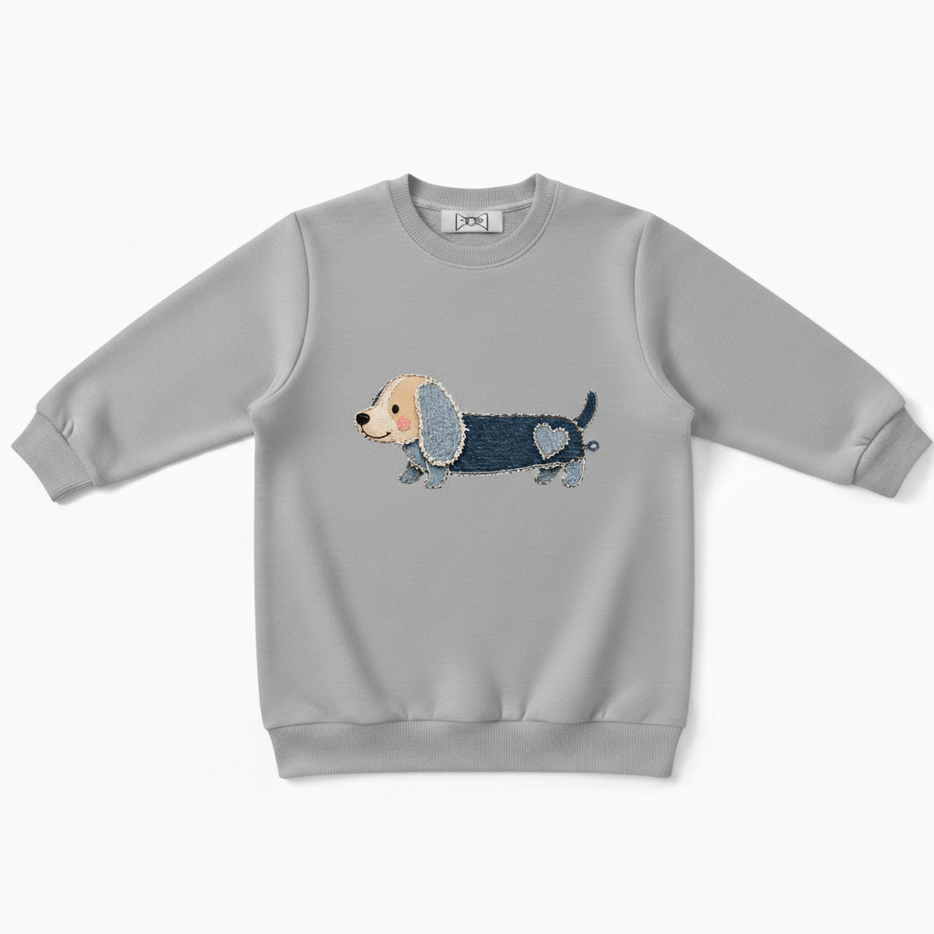 Denim Patchwork Dachshund Heart Tail Crewneck C1121
