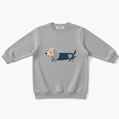 Denim Patchwork Dachshund Heart Tail Crewneck C1121