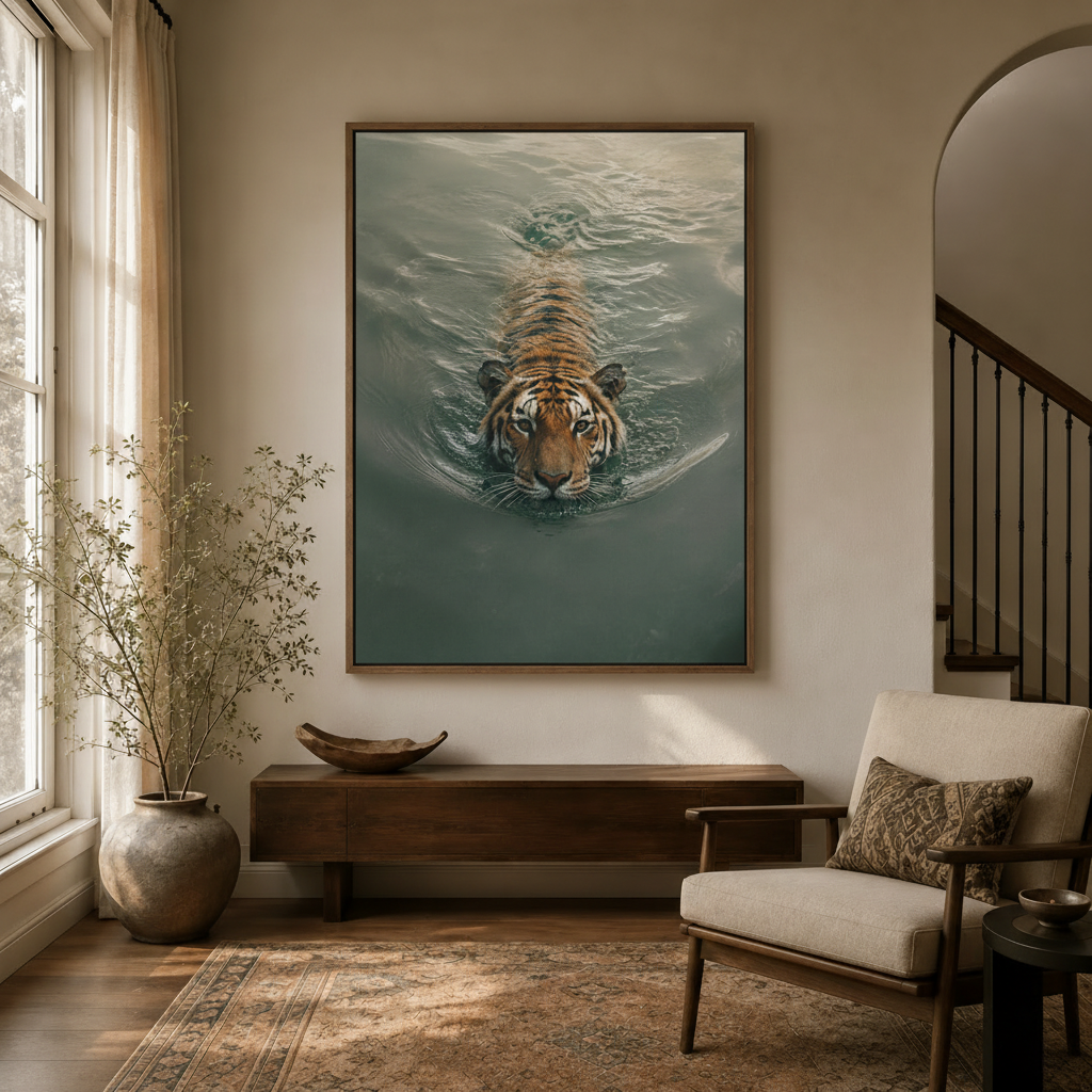 Swimming tiger hyperrealistic canvas wall art hung large above walnut console in warm neutral entryway