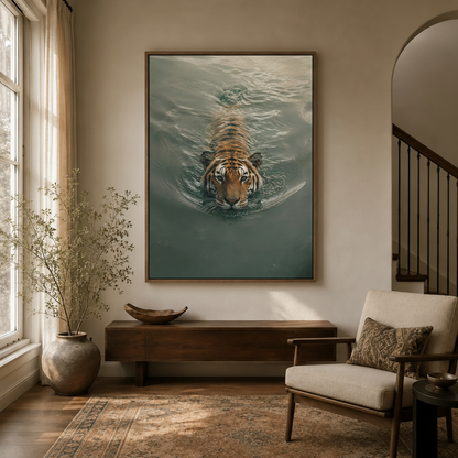 Swimming tiger hyperrealistic canvas wall art hung large above walnut console in warm neutral entryway