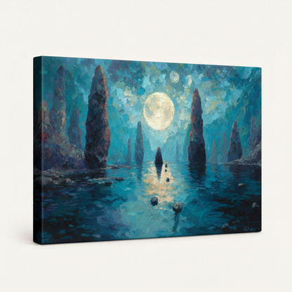 Gallery wrapped canvas art side view showing wrap depth and impressionist moon landscape texture
