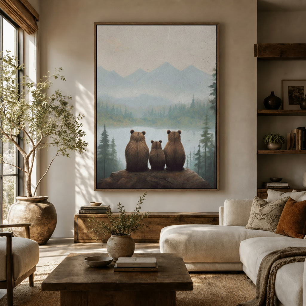 Large bear family wildlife canvas on living room wall above white sofa with olive tree rustic wood shelves and warm afternoon light